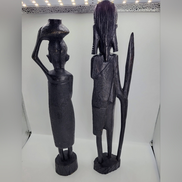 Vintage Married African Wooden Hand Carved Warrior Tribal W/Spear/Carrying Water - Picture 2 of 15